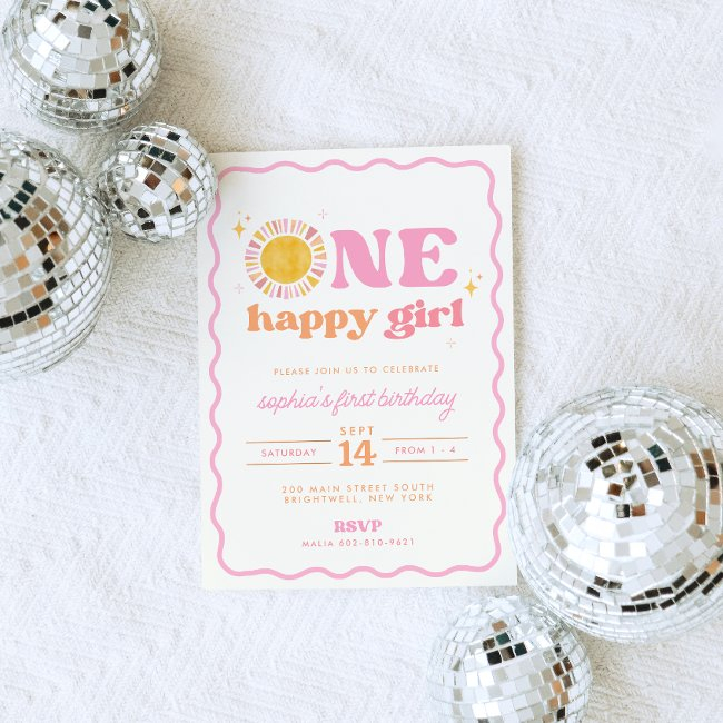 One Happy Girl Retro Sun First Birthday Invitation