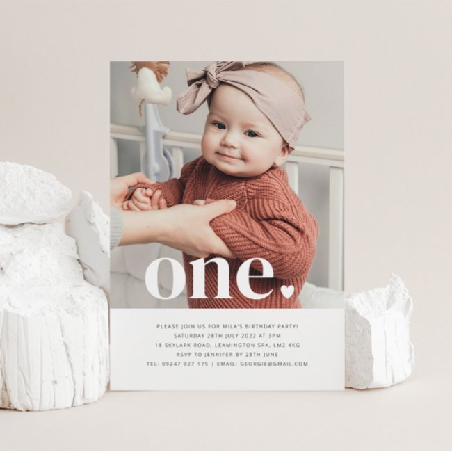 One Heart Photo First Birthday Invitation