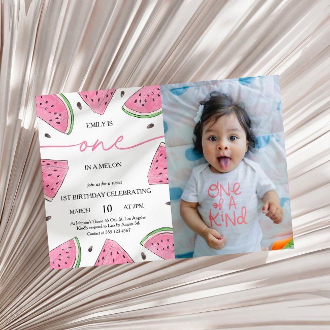 One In A Melon 1st Birthday Watermelon Photo Invitation