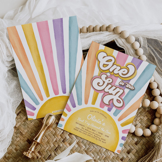 One In The Sun Retro Sunshine Girl 1st Birthday Invitation