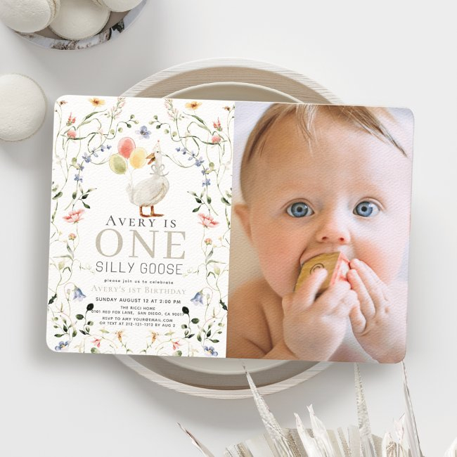 One Silly Goose Wildflower Photo 1st Birthday Invitation