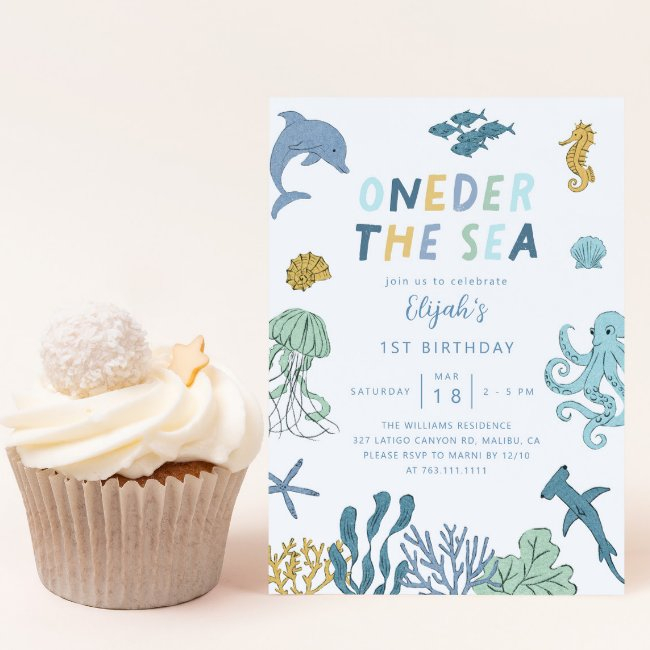 Oneder The Sea Boy 1st Birthday Party Invitation