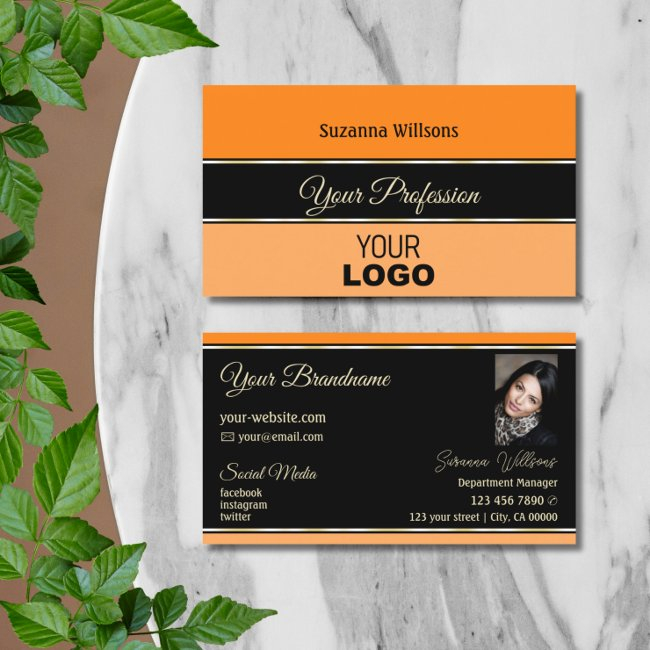 Orange Black Peach Stripes With Logo And Photo Business Invitations