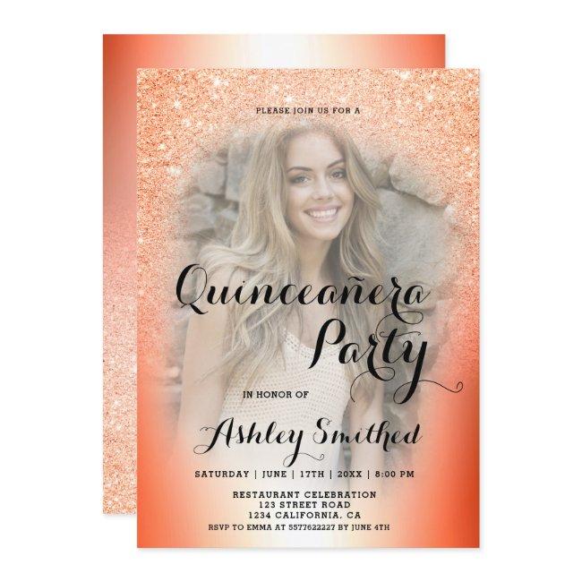 Orange Glitter Ombre Metallic Photo Quinceañera Invitation