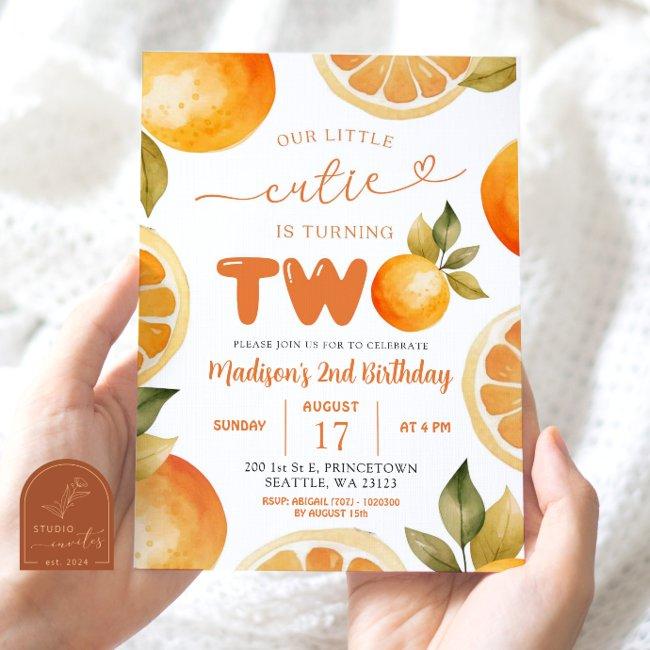 Oranges Our Little Cutie Turning Two 2nd Birthday Invitation
