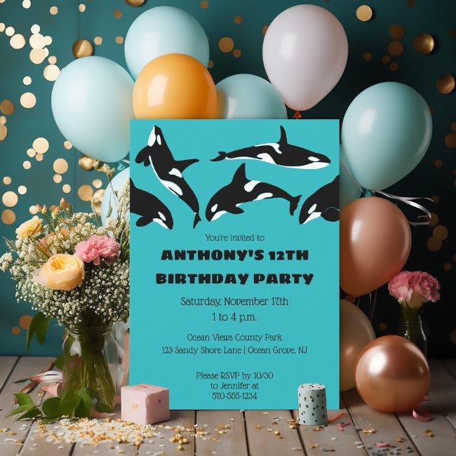 Orcas Killer Whales Teal Blue Birthday Party Invitation