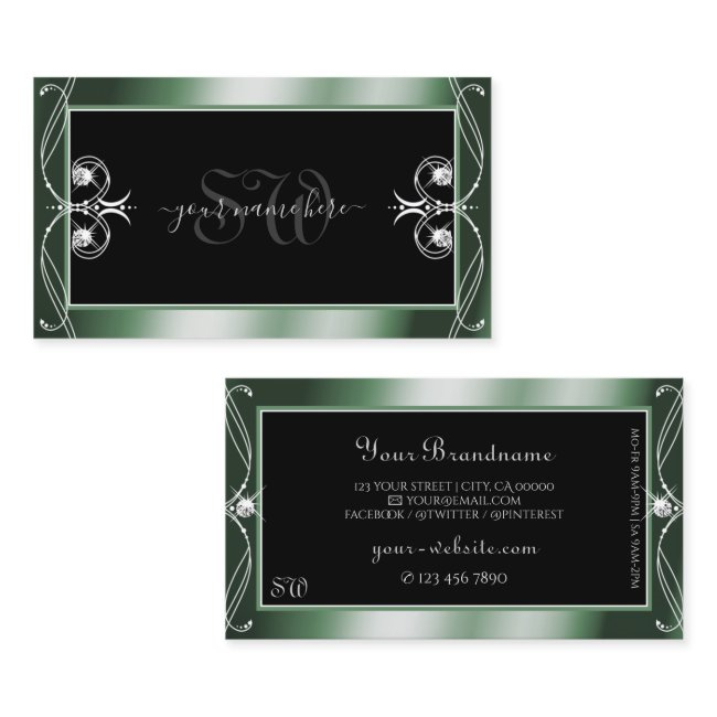 Ornamental Black Green Sparkle Diamonds Monogram Business Invitations