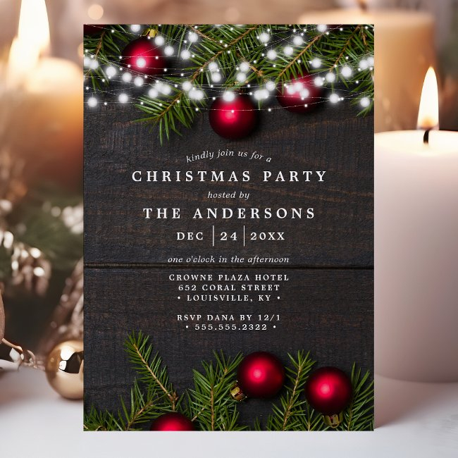 Ornaments And Pine String Lights Christmas Party Invitation