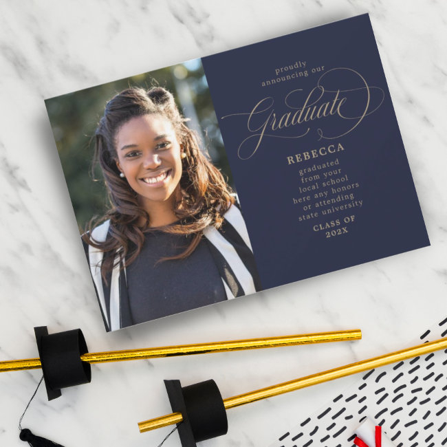 Our Graduate Classic Script Navy Photo Graduation Announcement
