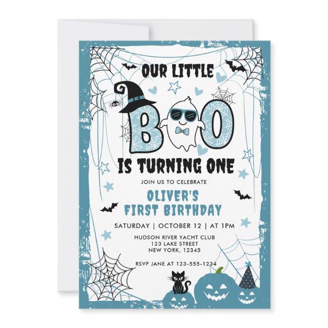 Our Little Boo Is Turning One Blue 1st Birthday Invitation