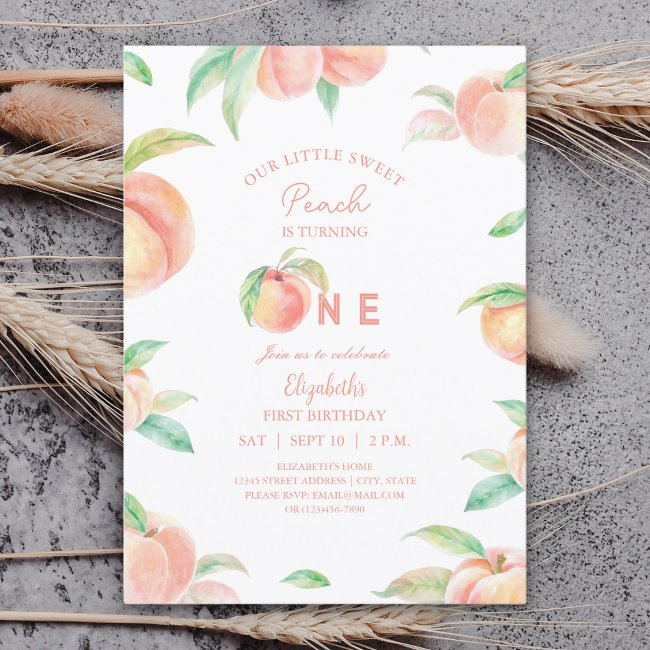 Our Little Sweet Peach Is One Baby First Birthday Invitation