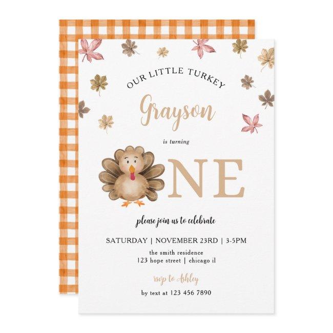 Our Little Turkey Fall Thanksgiving 1st Birthday Invitation
