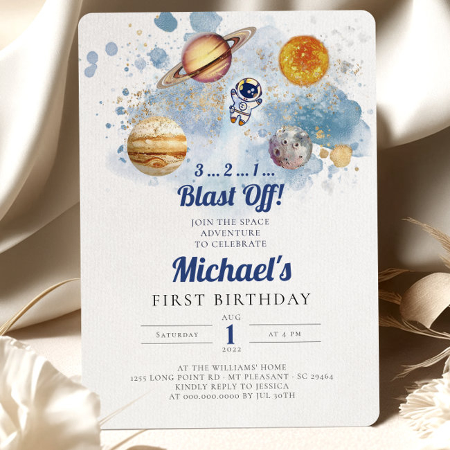 Outer Space Planets Boy First Birthday Invitation