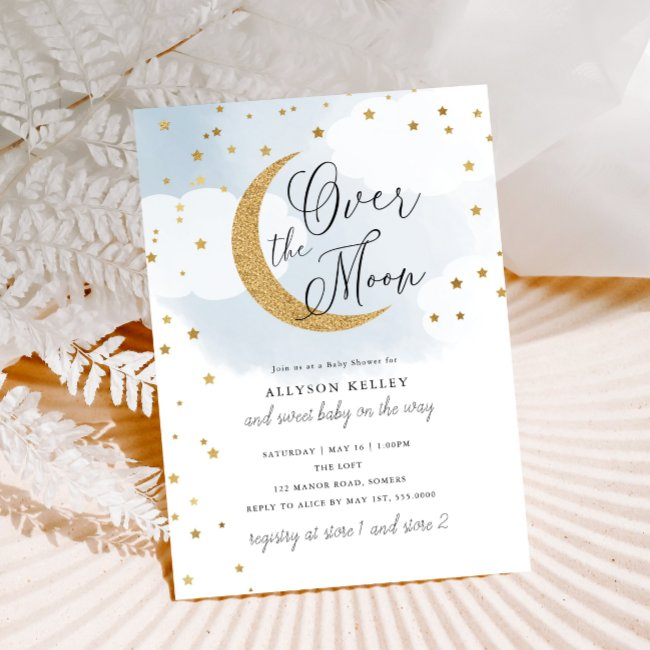 Over The Moon Gold Stars Blue Baby Shower Invitation