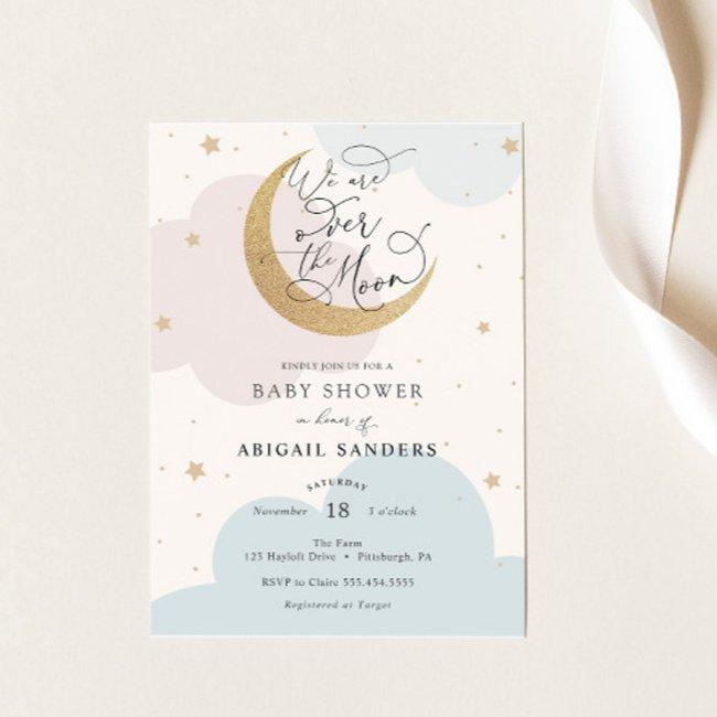 Over The Moon Pink And Blue Baby Shower Invitation