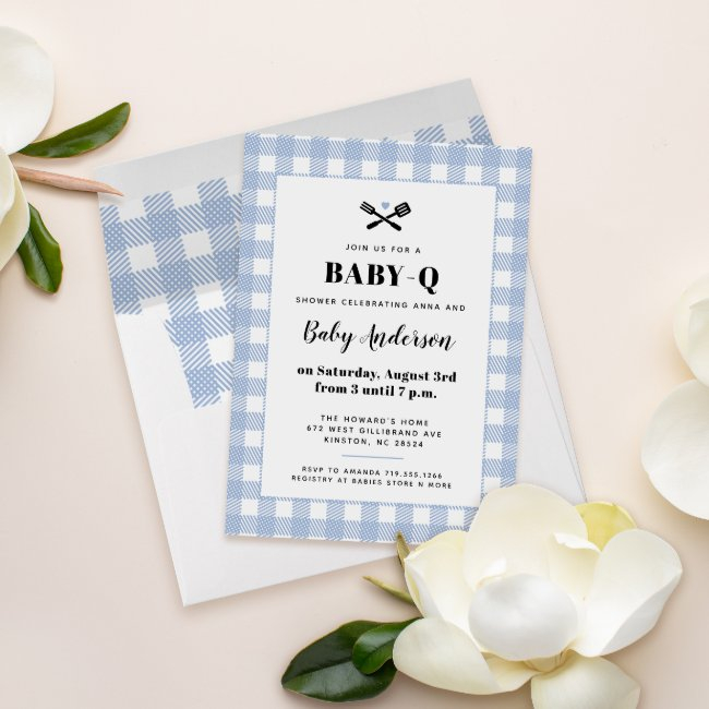 Pale Blue Gingham Plaid Baby Shower Bbq Invitation