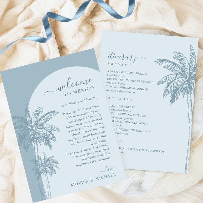 Palm Tree Beach Dusty Blue Wedding Itinerary Invitations