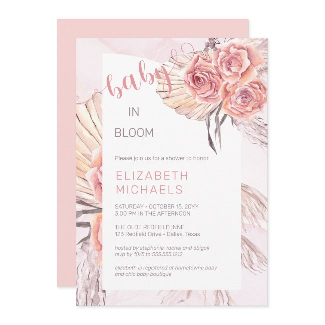 Pampas Grass |pink Roses Baby In Bloom Girl Shower Invitation