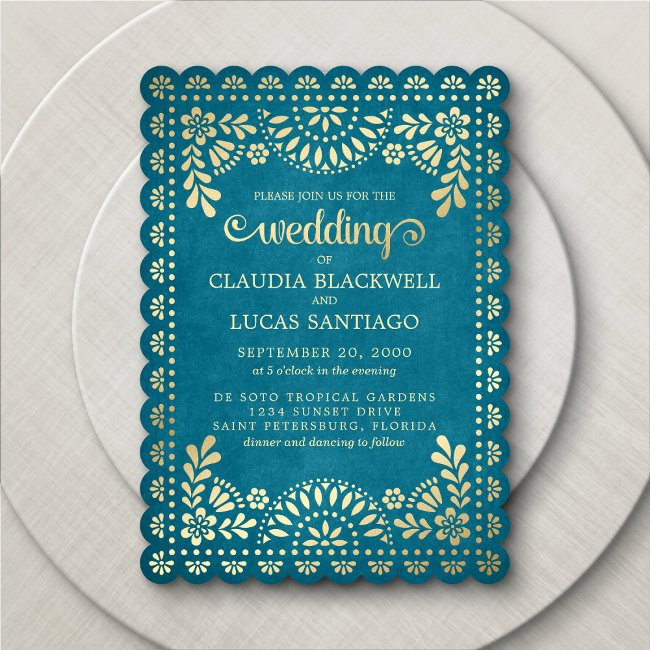 Papel Picado Teal Wedding Invitation