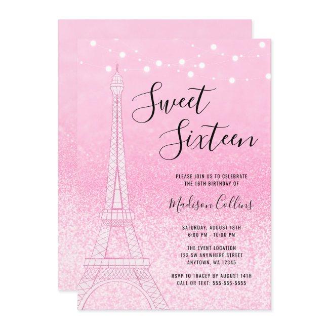 Paris Pink Glitter Lights Sweet 16 Invitation
