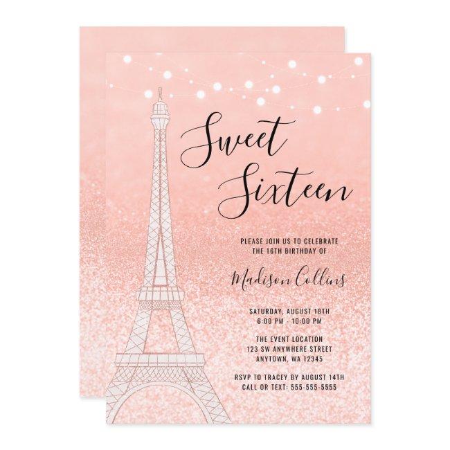 Paris Rose Gold Glitter Lights Sweet 16 Invitation
