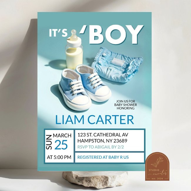 Pastel Blue It's A Boy Sneaker Baby Shower Invitation