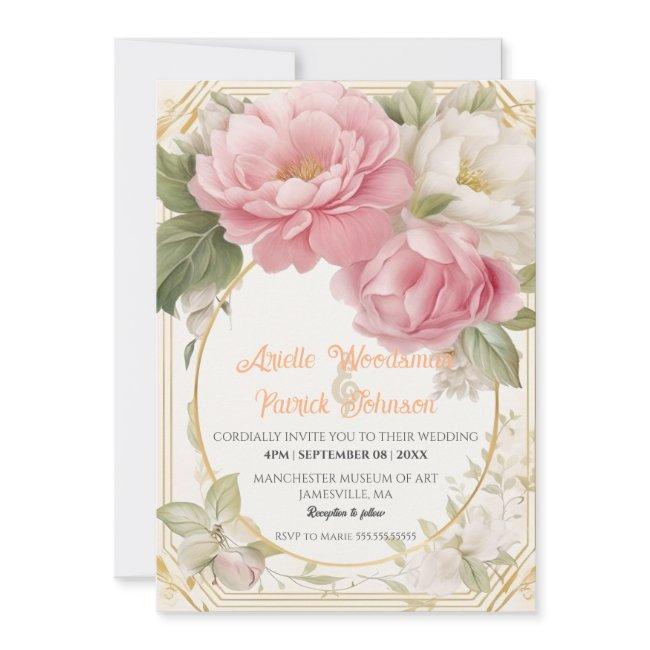 Pastel Blush Pink White Peony Wedding Circle Frame Invitation