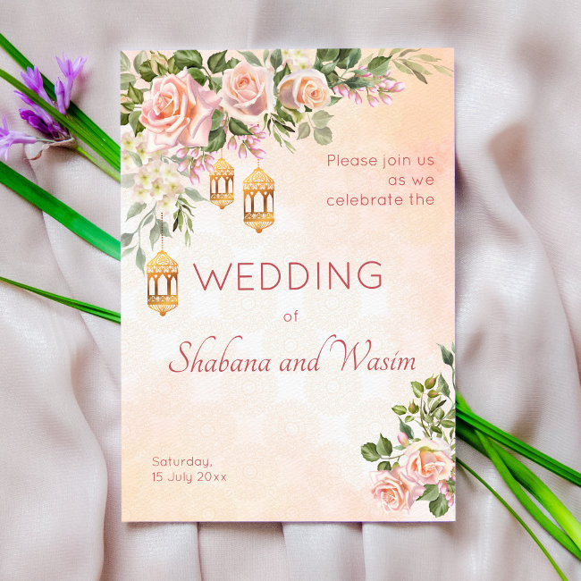 Pastel Cream Roses Moroccan Lanterns Wedding Invitation