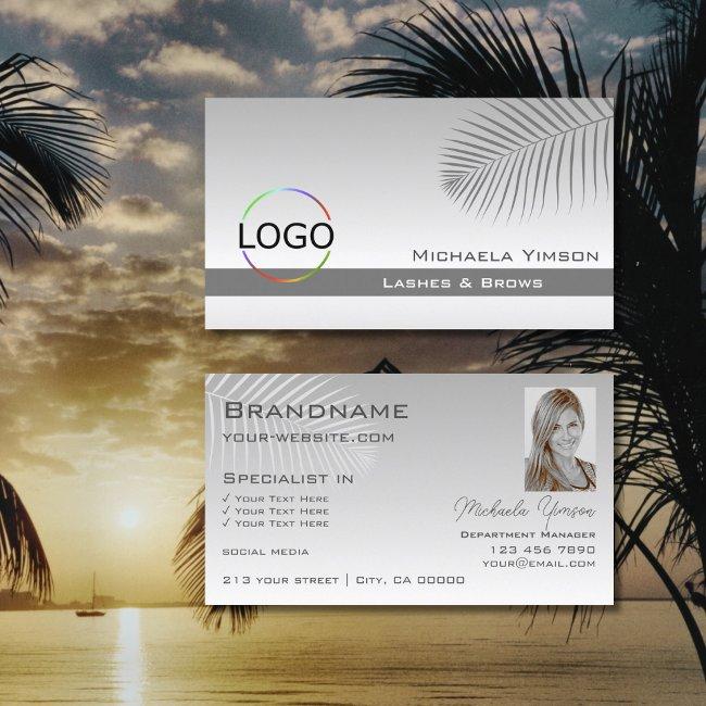 Pastel Gray Gradient Palm Leaf Logo And Photo Business Invitations