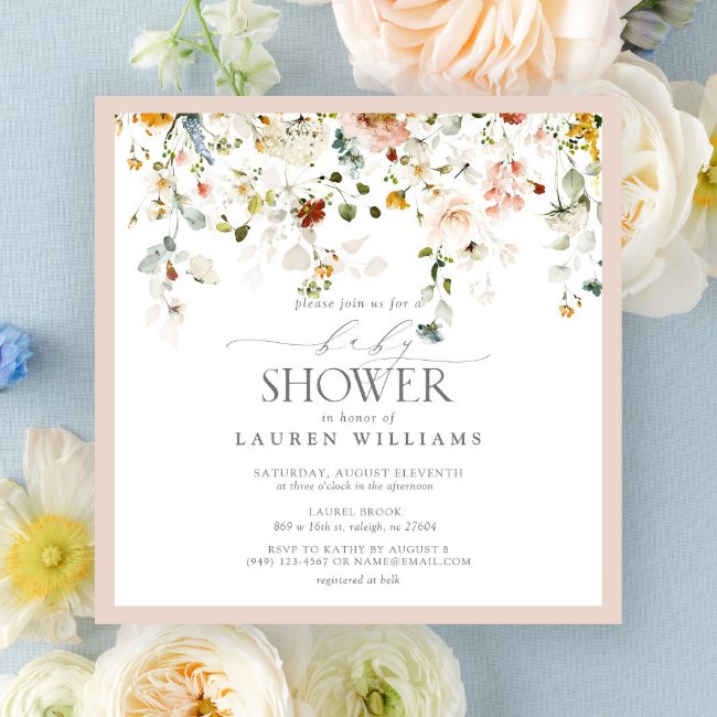 Pastel Pink Floral Drop Script Baby Shower Invitation
