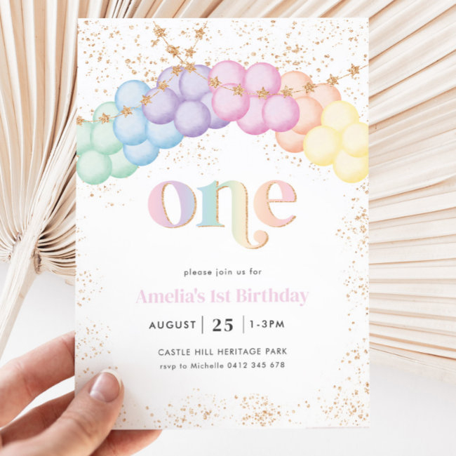 Pastel Rainbow Balloon Arch 1st Birthday Party Invitation