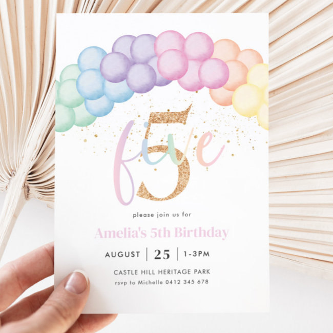 Pastel Rainbow Balloon Arch 5th Birthday Party Invitation