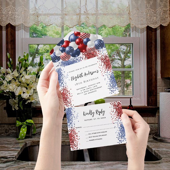 Patriotic Red White Blue Balloons Birthday Rsvp All In One Invitation