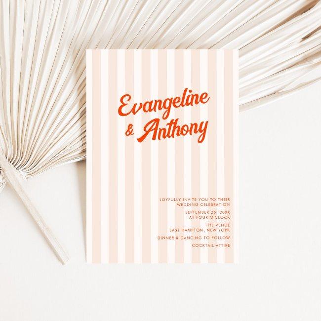 Peach And Tangerine Retro Striped Wedding Invitation
