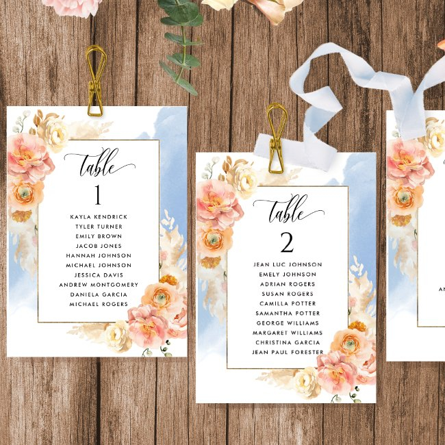 Peach, Blue Seating Plan Invitations With Guest Names
