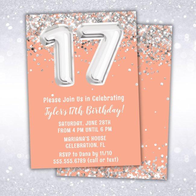 Peach Silver 17th Birthday Party Invitation