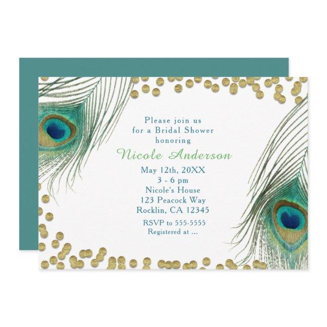 Peacock Feathers & Gold Dots Boho Glam Invitation