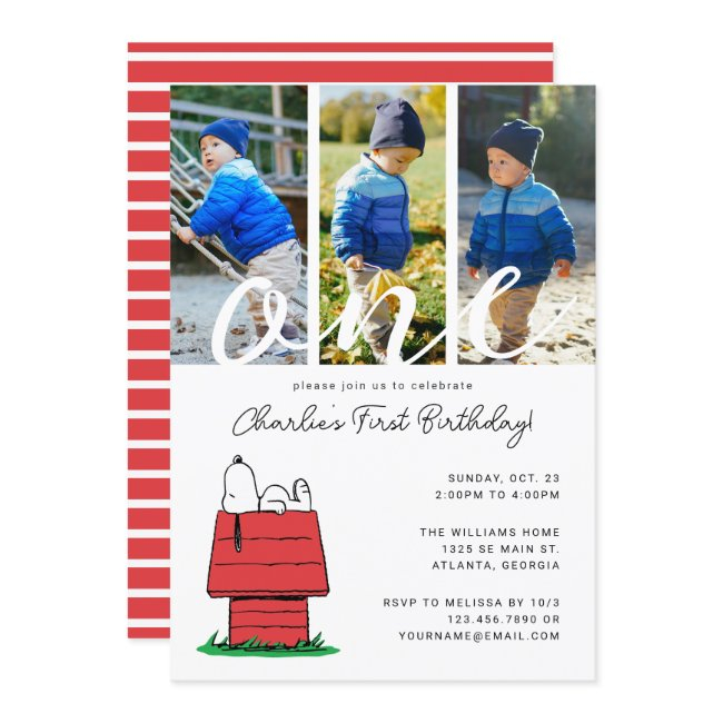 Peanuts Snoopy Dog House 1st Birthday Invitation