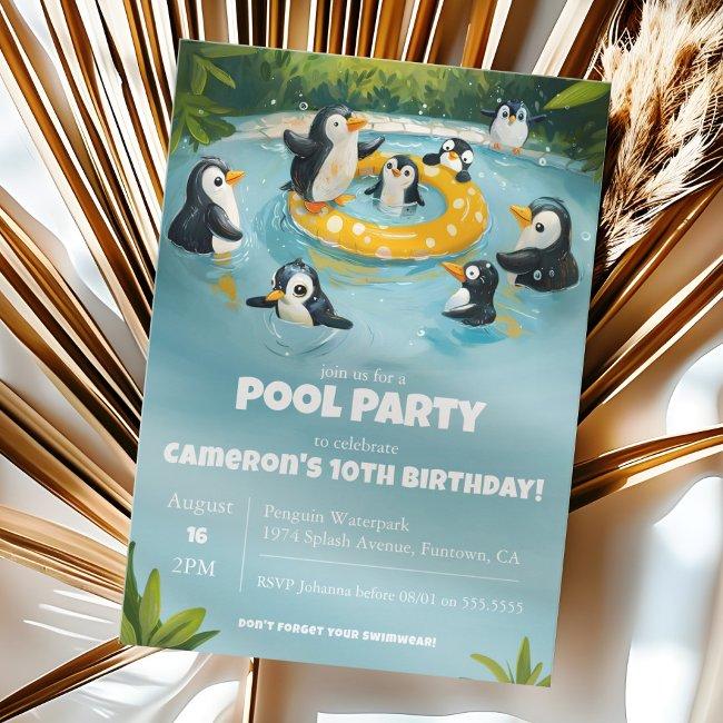 Penguin Pool Party, Kids Birthday Invitation