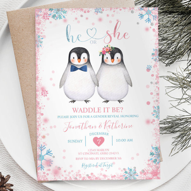 Penguin Waddle It Be? He Or She Gender Reveal Invitation