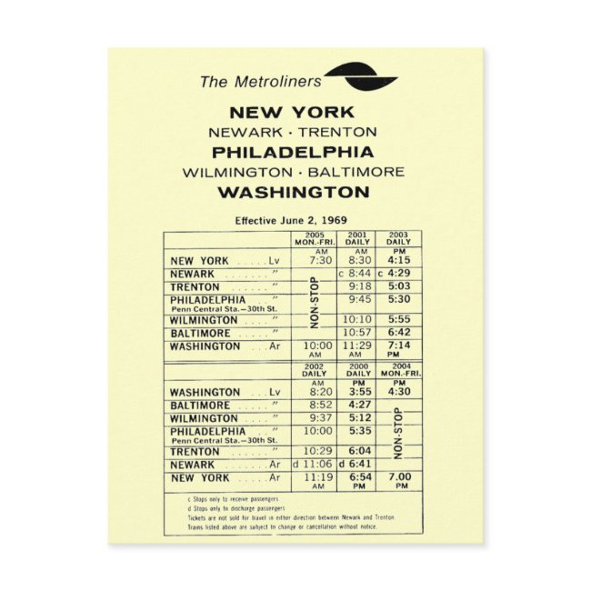Penn Central Railroad Metroliner Timetable Postinvitations
