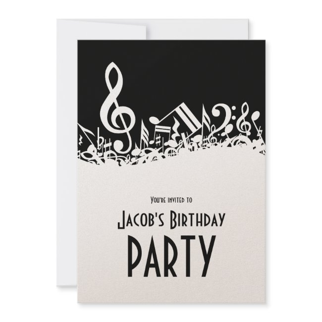 Personalized White Jumbled Musical Notes On Black Invitation