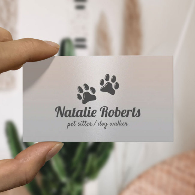 Pet Sitting Dog Paws Logo Classy Silver Business Invitations