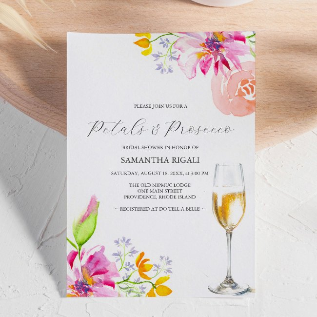 Petals And Prosecco Bridal Shower Invitations