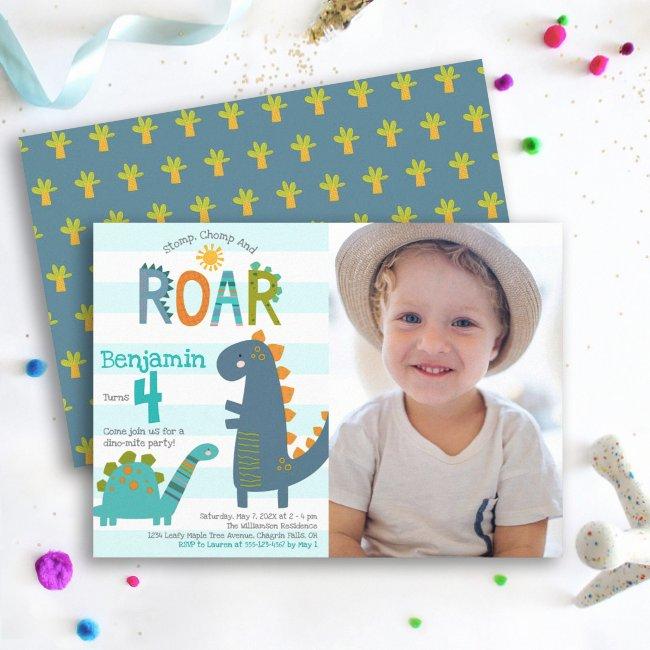 Photo Cute Dinosaurs Stomp Chomp Roar Boy Birthday Invitation