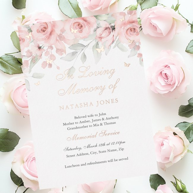 Photo Floral Butterfly Pink Memorial Service Foil Invitation