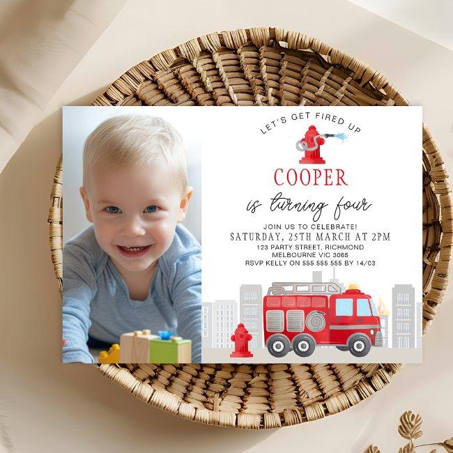 Photo Red Firefighter Fire Engine Birthday Invitation