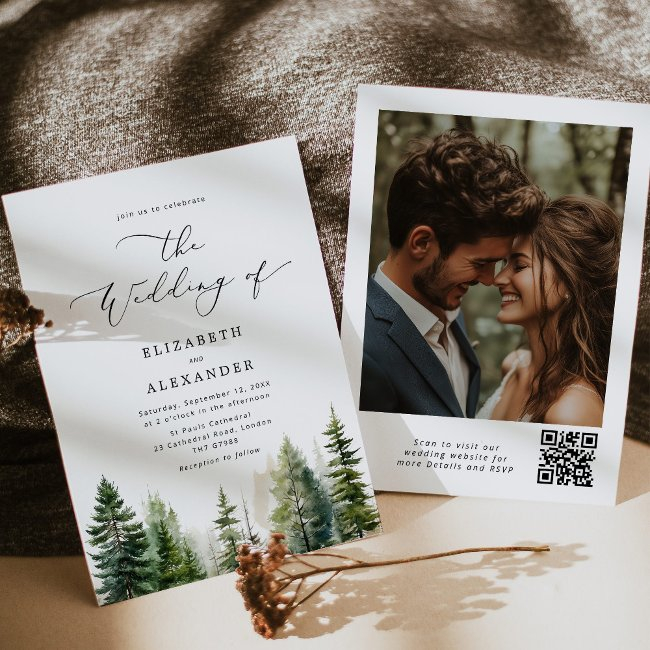 Pine Trees Elegant Minimalist Qr Code Wedding Invitation