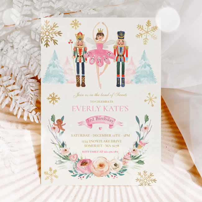 Pink And Gold Nutcracker Birthday Sugar Plum Fairy Invitation