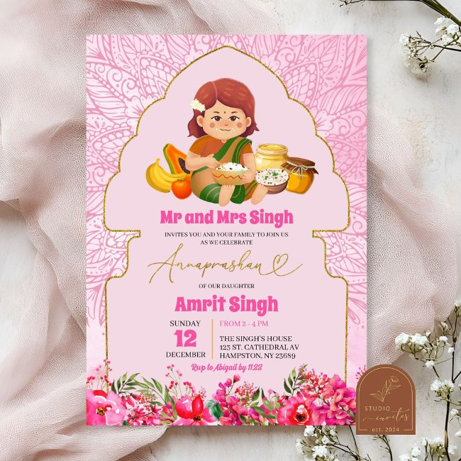 Pink Annaprashan Baby Girl Rice Feeding Ceremony Invitation